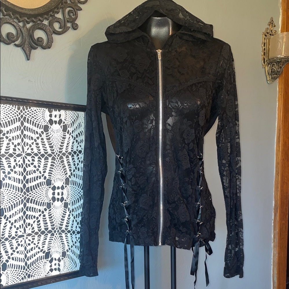 Royal Bones Black Floral Lace Zip Hoodie with Side Lace-Up - Picture 4 of 12